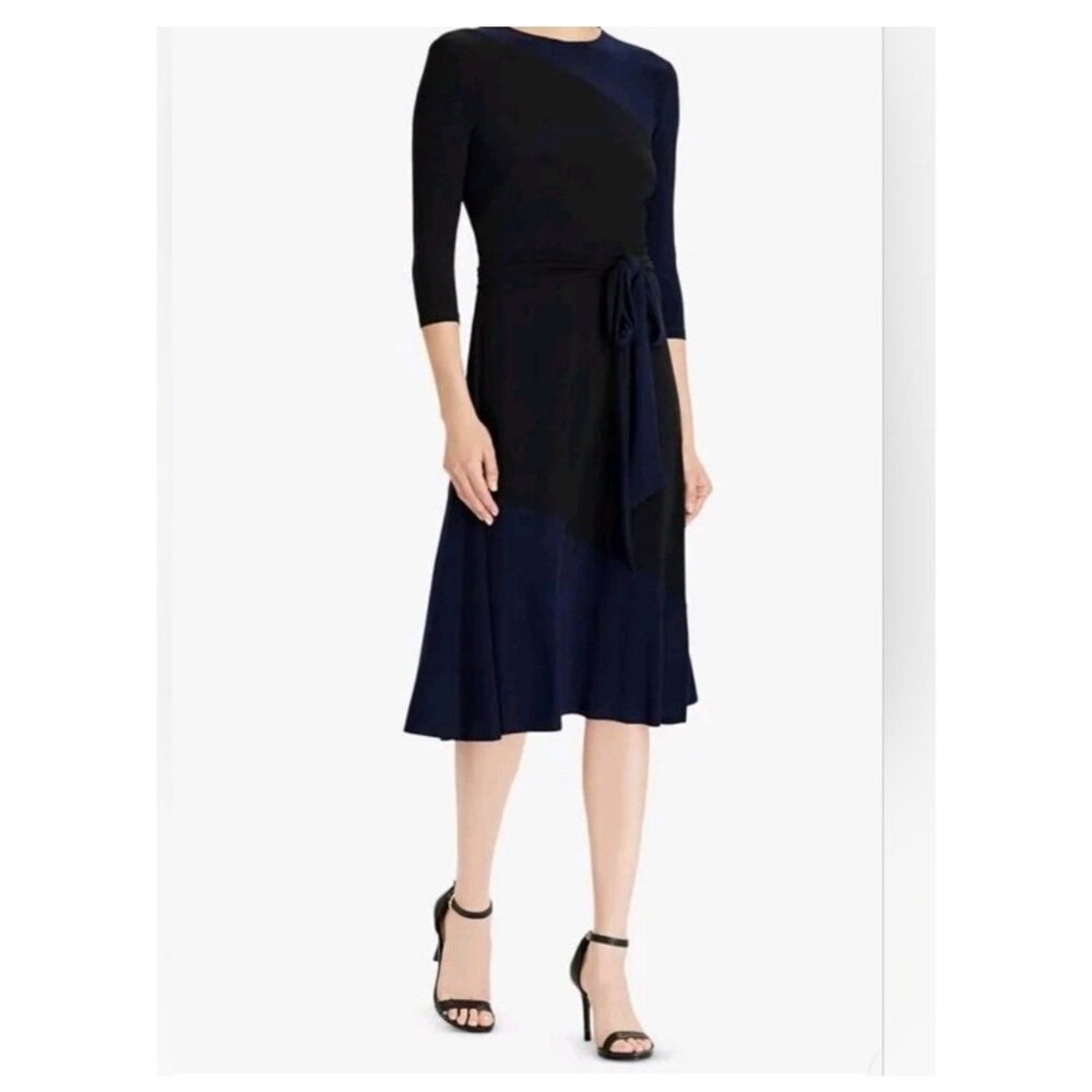 Ralph Lauren Black Blue Stretch Dress 16 Belt Washable 3/4 Long Sleeve